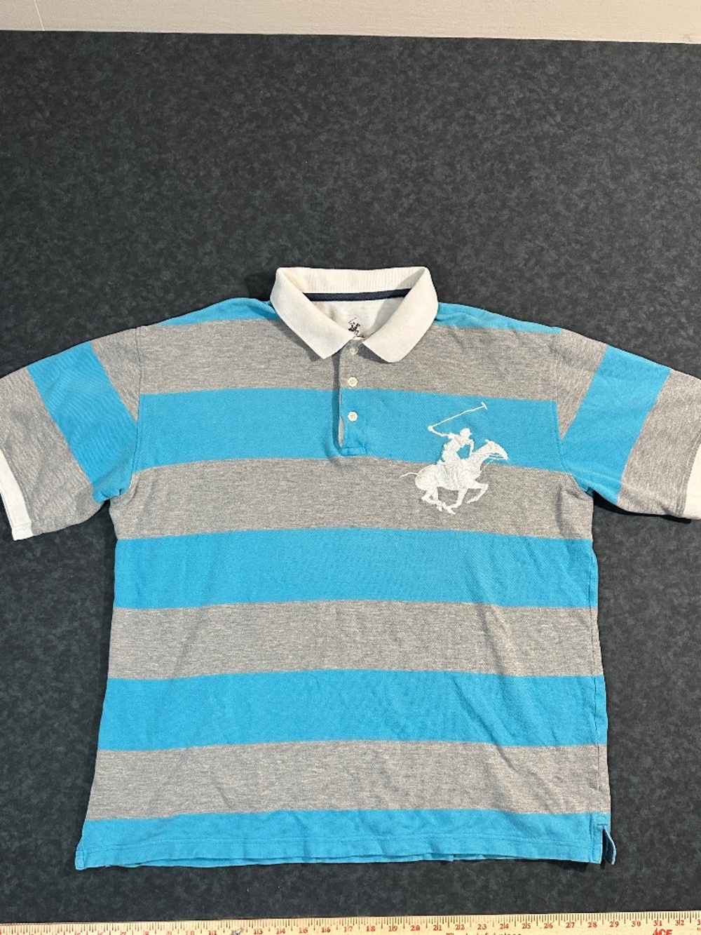 Beverly Hills Polo Club Men's Blue and Gray Striped Short Sleeve Polo Shirt Sz L